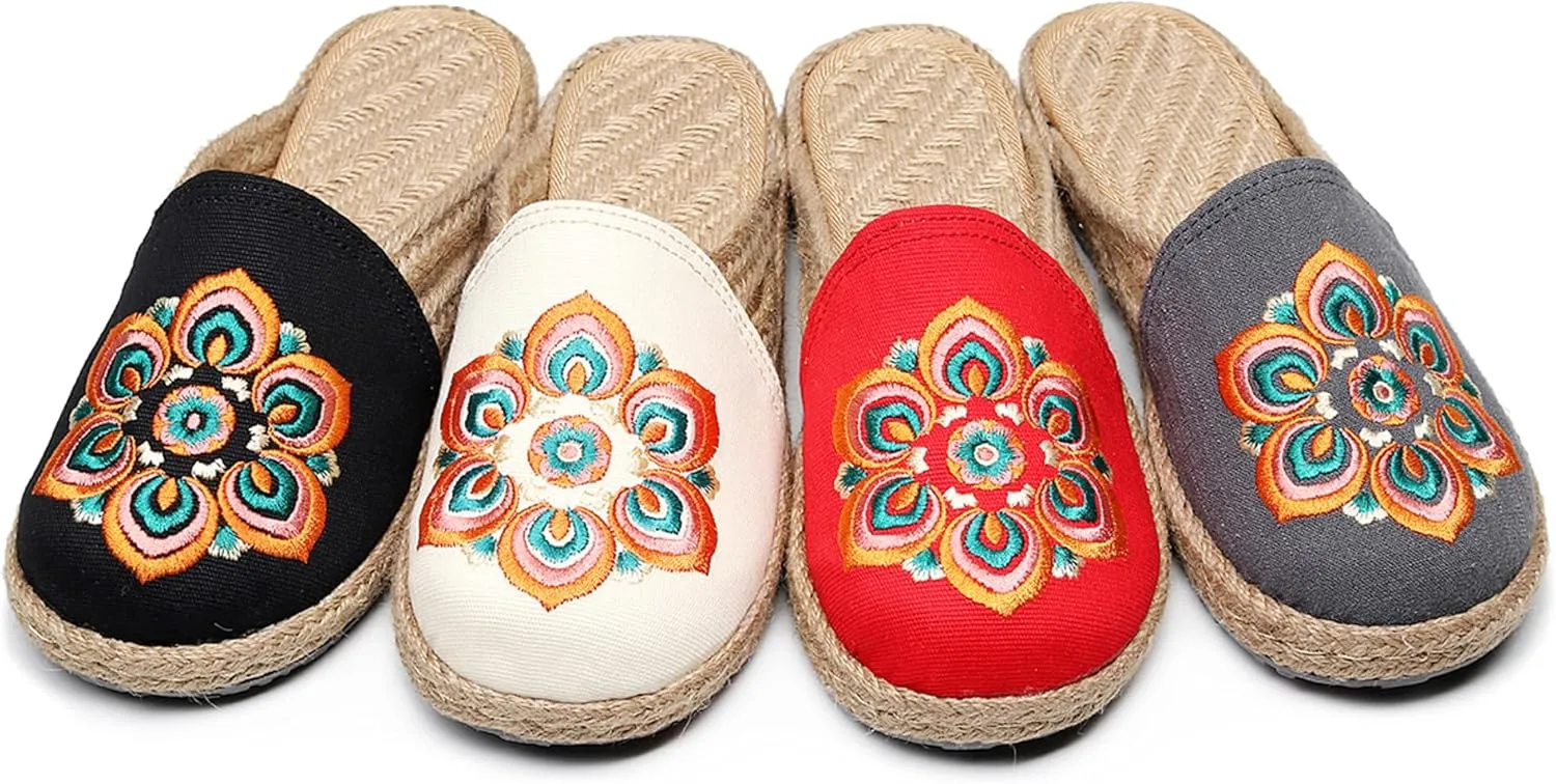 Hee grand Women's Embroidered Espadrilles Slip On Mule Slippers Ethnic Style Cotton and Linen Flats Retro Chinese Style