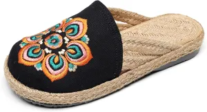 Hee grand Women's Embroidered Espadrilles Slip On Mule Slippers Ethnic Style Cotton and Linen Flats Retro Chinese Style