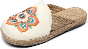 Hee grand Women's Embroidered Espadrilles Slip On Mule Slippers Ethnic Style Cotton and Linen Flats Retro Chinese Style