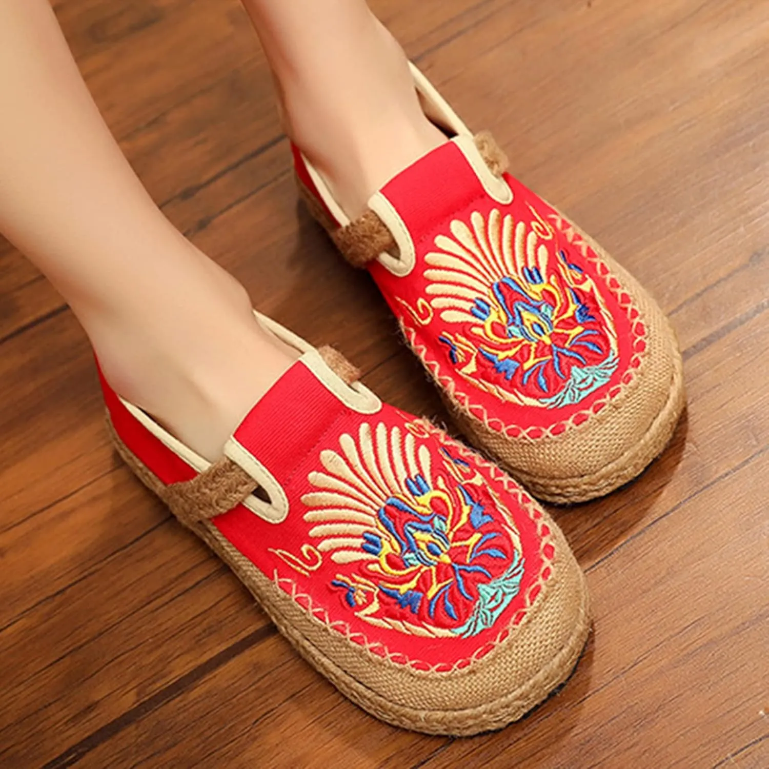 Hee grand Women's Ethnic Style Cotton and Linen Flats Chinese Style Retro Flower Embroidered Espadrilles Mule Flats Shoes Slip On Walking Shoes