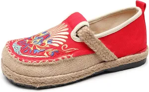 Hee grand Women's Ethnic Style Cotton and Linen Flats Chinese Style Retro Flower Embroidered Espadrilles Mule Flats Shoes Slip On Walking Shoes