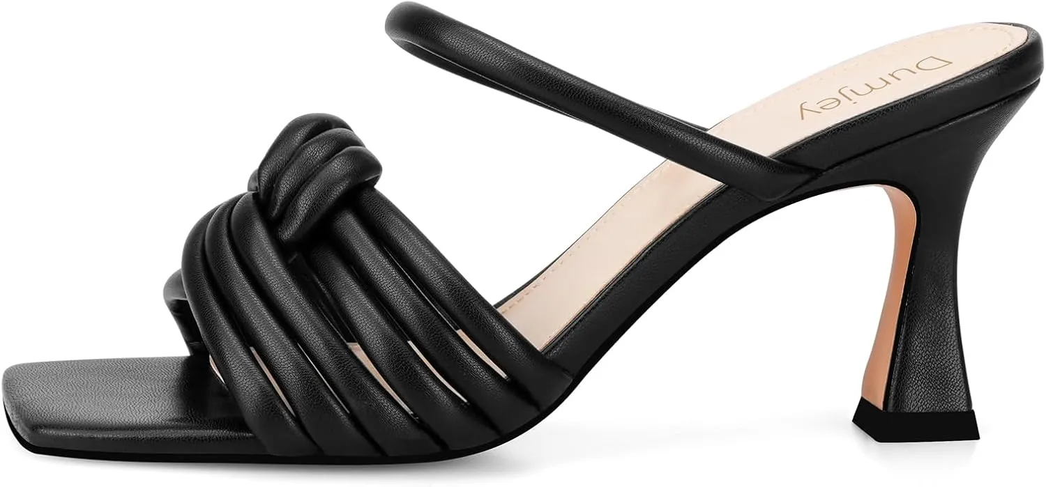 Heels, Mule Heels for Women with Straps Knot, Square Open Toe Slip on Party Wedding Dress Slide Sandals