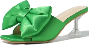 Heiyom Women's Bow Clear Heels Slippers Dress Sandals Square Toe Stiletto Mules Slip on Wedding Prom Shoes