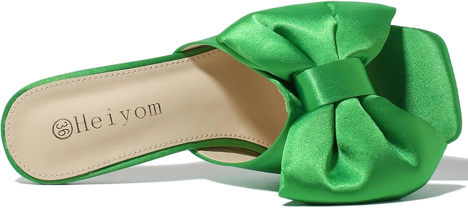 Heiyom Women's Bow Clear Heels Slippers Dress Sandals Square Toe Stiletto Mules Slip on Wedding Prom Shoes