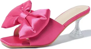 Heiyom Women's Bow Clear Heels Slippers Dress Sandals Square Toe Stiletto Mules Slip on Wedding Prom Shoes