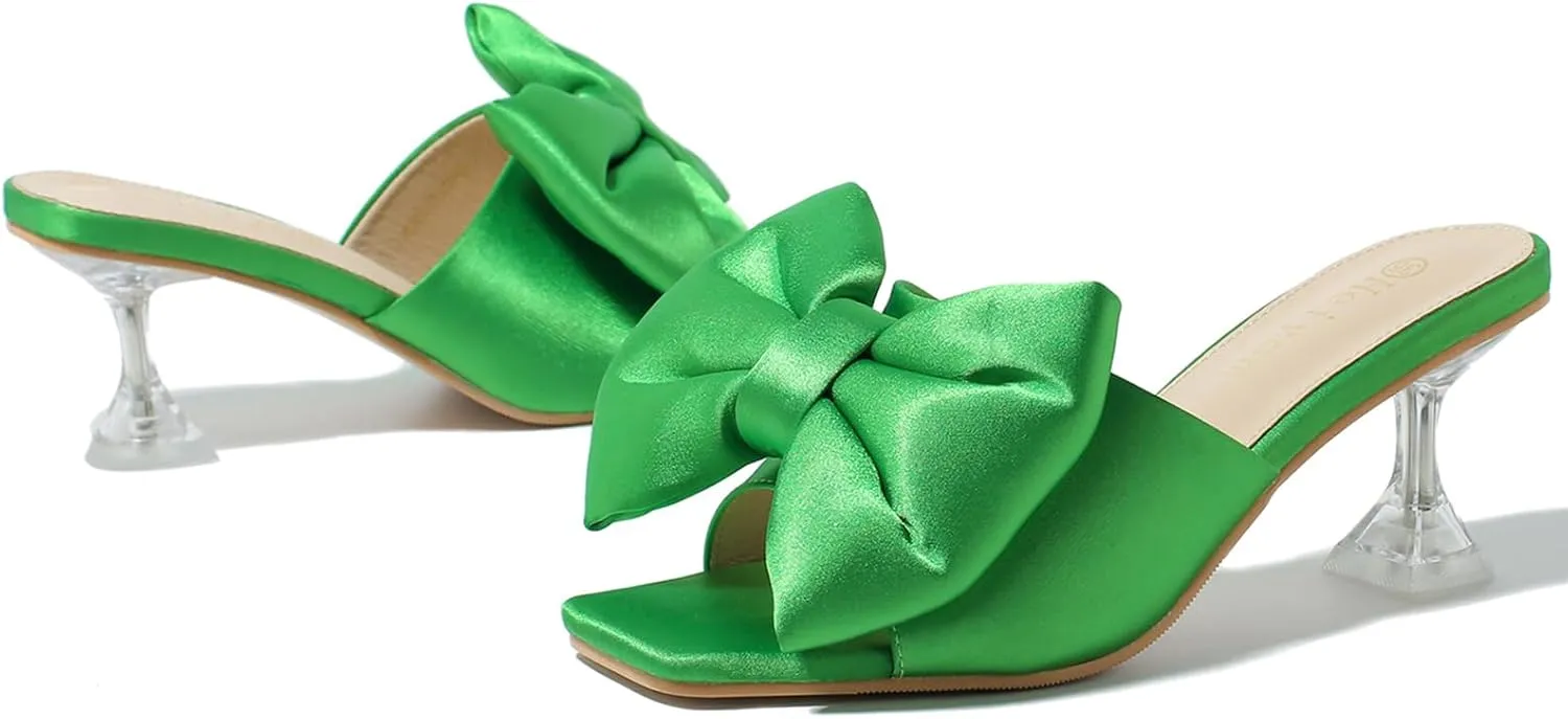 Heiyom Women's Bow Clear Heels Slippers Dress Sandals Square Toe Stiletto Mules Slip on Wedding Prom Shoes