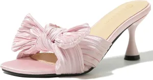 Heiyom Women's Bowknot Low Stilettos Heels Mules Sandals Slip on Pleated Bow Heels Wedding Bridal Party Dress Shoes