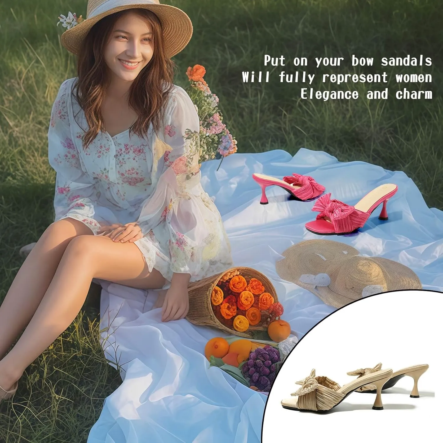 Heiyom Women's Bowknot Low Stilettos Heels Mules Sandals Slip on Pleated Bow Heels Wedding Bridal Party Dress Shoes
