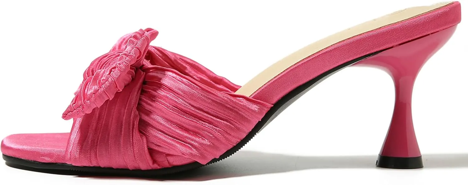 Heiyom Women's Bowknot Low Stilettos Heels Mules Sandals Slip on Pleated Bow Heels Wedding Bridal Party Dress Shoes