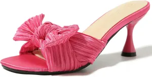 Heiyom Women's Bowknot Low Stilettos Heels Mules Sandals Slip on Pleated Bow Heels Wedding Bridal Party Dress Shoes