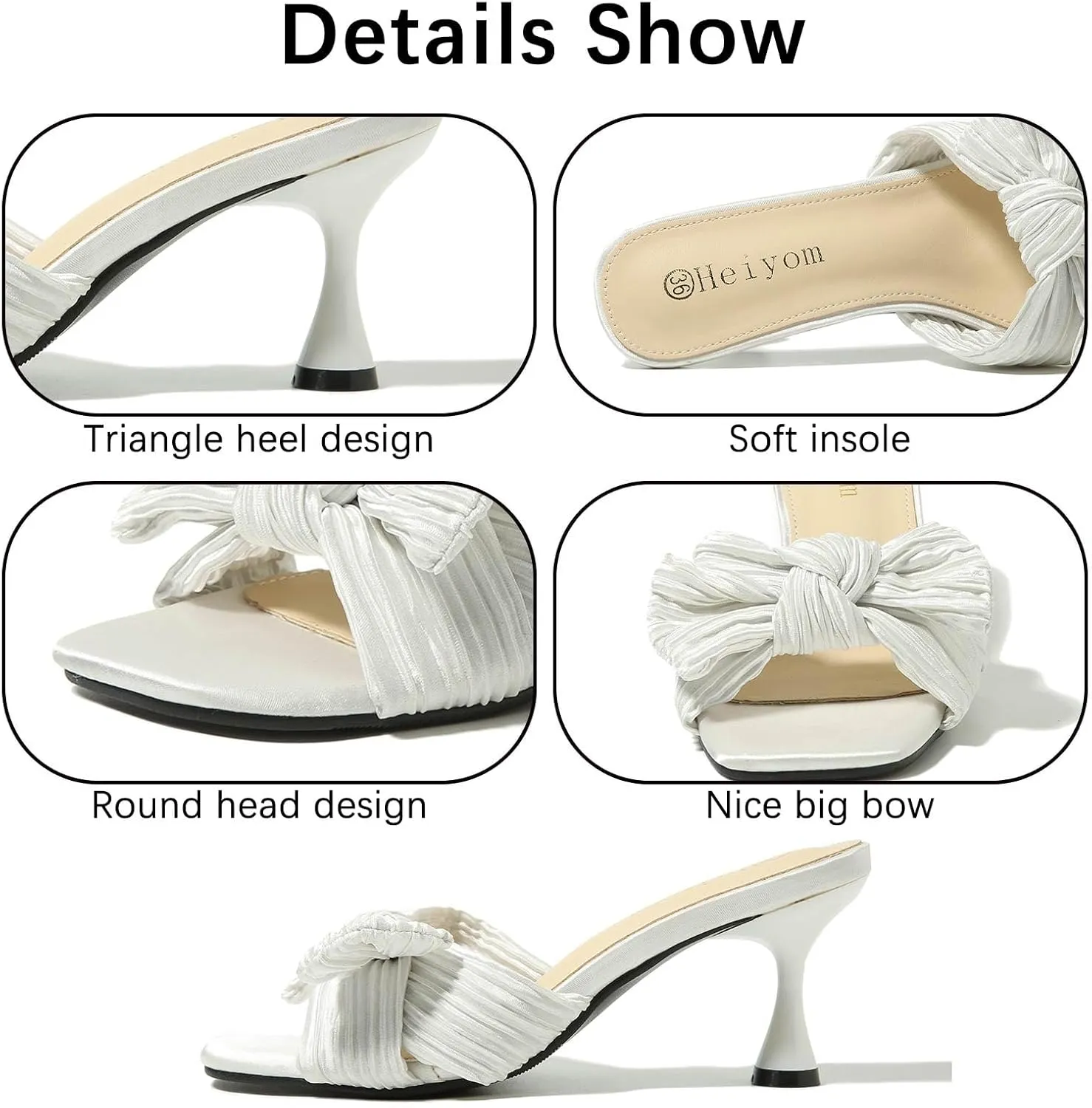 Heiyom Women's Bowknot Low Stilettos Heels Mules Sandals Slip on Pleated Bow Heels Wedding Bridal Party Dress Shoes