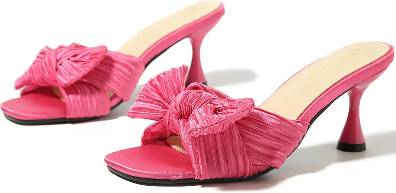Heiyom Women's Bowknot Low Stilettos Heels Mules Sandals Slip on Pleated Bow Heels Wedding Bridal Party Dress Shoes