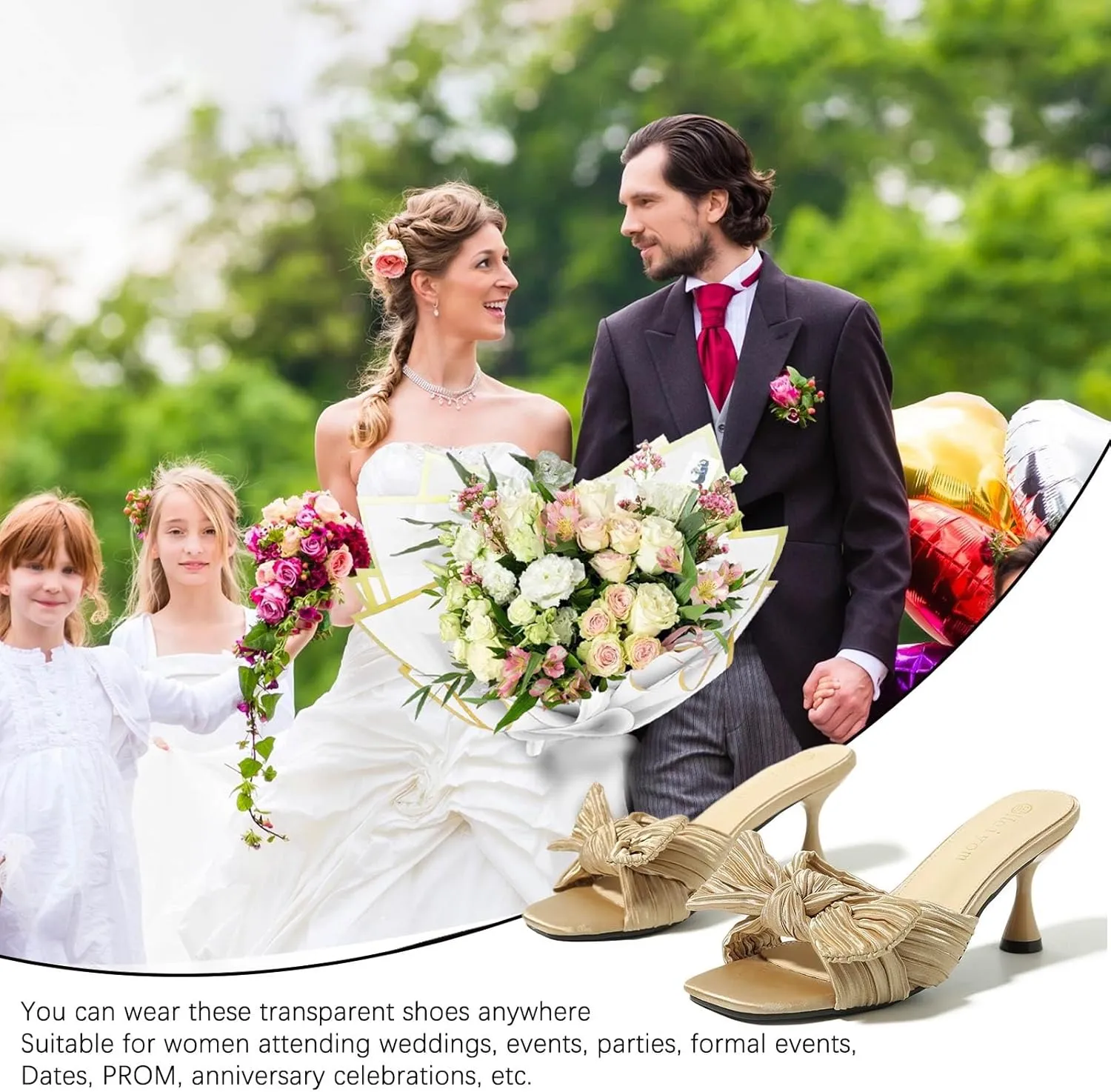 Heiyom Women's Bowknot Low Stilettos Heels Mules Sandals Slip on Pleated Bow Heels Wedding Bridal Party Dress Shoes