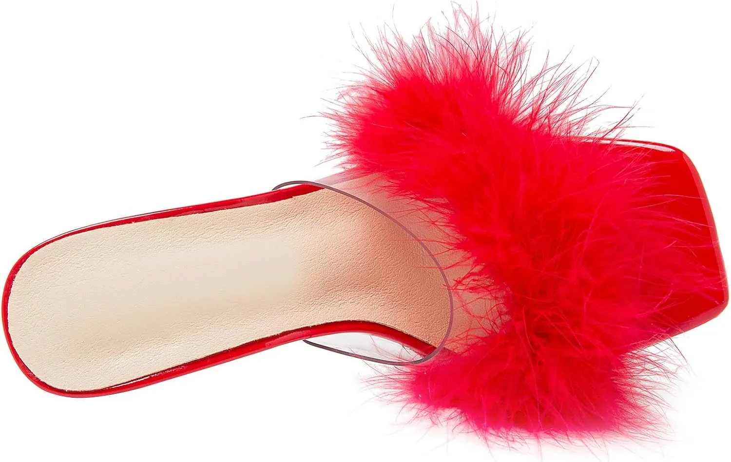 Heiyom Women's Square Toe Low Stilettos Heels Mules Sandals Fluffy Feather Slip on Clear Low Heels Wedding Bridal Party Dress Shoes