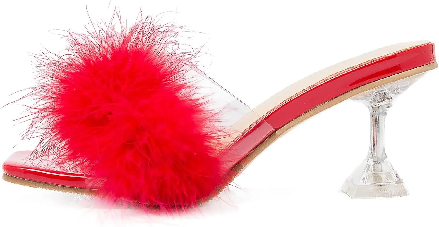 Heiyom Women's Square Toe Low Stilettos Heels Mules Sandals Fluffy Feather Slip on Clear Low Heels Wedding Bridal Party Dress Shoes