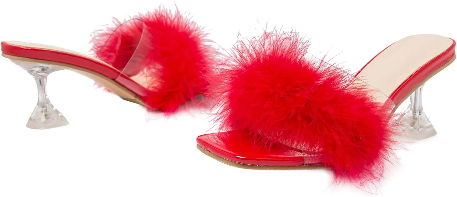 Heiyom Women's Square Toe Low Stilettos Heels Mules Sandals Fluffy Feather Slip on Clear Low Heels Wedding Bridal Party Dress Shoes