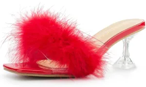 Heiyom Women's Square Toe Low Stilettos Heels Mules Sandals Fluffy Feather Slip on Clear Low Heels Wedding Bridal Party Dress Shoes