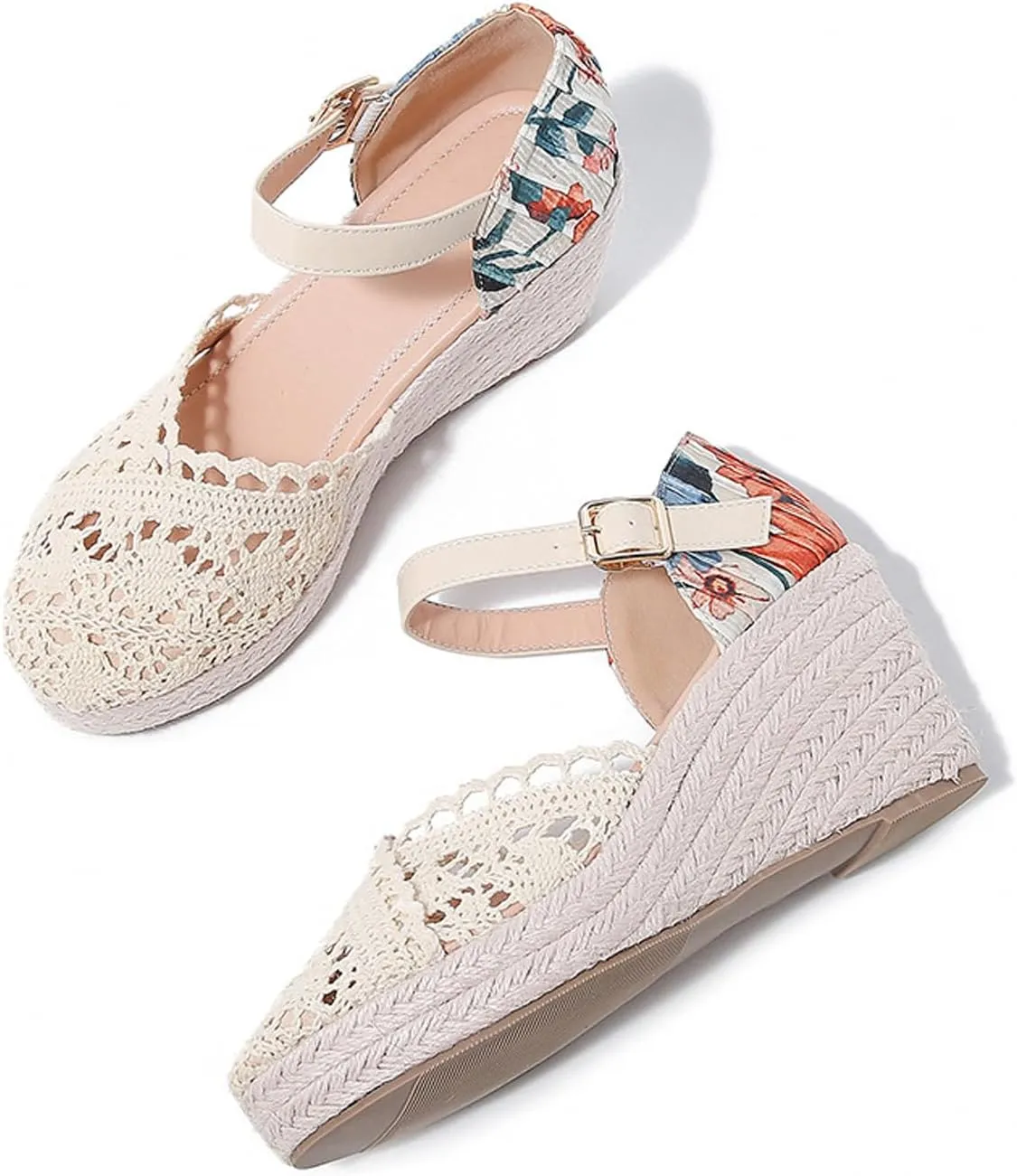 Helenbra Women's Closed Toe Espadrilles Wedge Sandals,Summer Arch Support Breathable Hollow Linen Woven Platform Sandal with Adjustable Ankle Buckle Boho Casual Holiday Beach Sandals