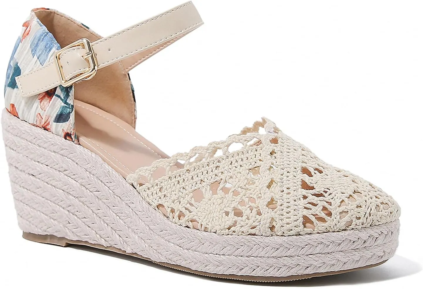 Helenbra Women's Closed Toe Espadrilles Wedge Sandals,Summer Arch Support Breathable Hollow Linen Woven Platform Sandal with Adjustable Ankle Buckle Boho Casual Holiday Beach Sandals