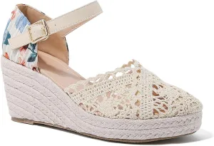 Helenbra Women's Closed Toe Espadrilles Wedge Sandals,Summer Arch Support Breathable Hollow Linen Woven Platform Sandal with Adjustable Ankle Buckle Boho Casual Holiday Beach Sandals