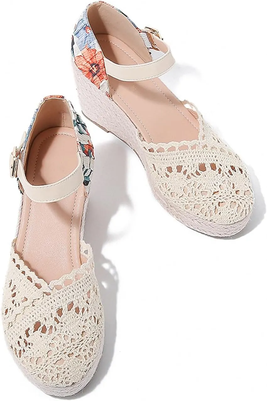 Helenbra Women's Closed Toe Espadrilles Wedge Sandals,Summer Arch Support Breathable Hollow Linen Woven Platform Sandal with Adjustable Ankle Buckle Boho Casual Holiday Beach Sandals
