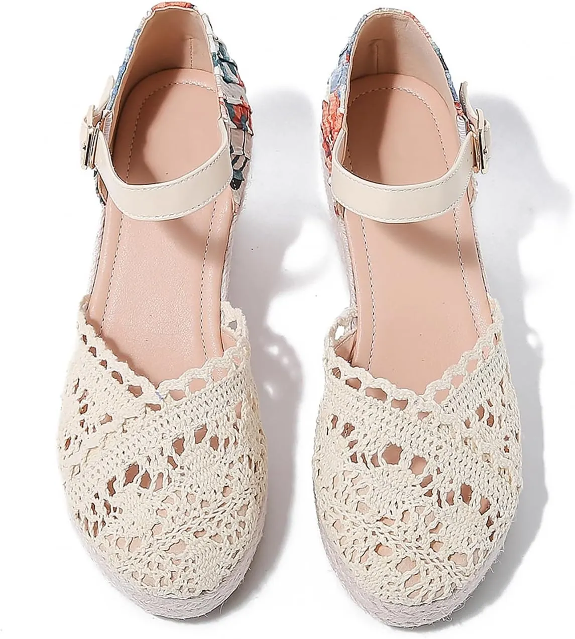 Helenbra Women's Closed Toe Espadrilles Wedge Sandals,Summer Arch Support Breathable Hollow Linen Woven Platform Sandal with Adjustable Ankle Buckle Boho Casual Holiday Beach Sandals