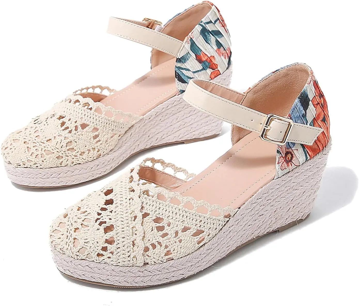 Helenbra Women's Closed Toe Espadrilles Wedge Sandals,Summer Arch Support Breathable Hollow Linen Woven Platform Sandal with Adjustable Ankle Buckle Boho Casual Holiday Beach Sandals