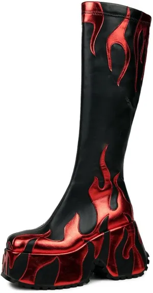 HiColor women’s side zipper high heeled Flames Printing Chunky sole boots tall boots round toe boots