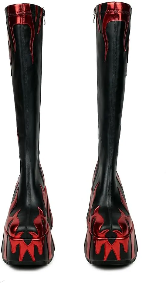 HiColor women’s side zipper high heeled Flames Printing Chunky sole boots tall boots round toe boots
