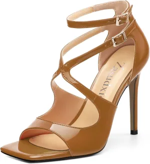 High Heels for Women, Women's Stiletto Heels Cross Strappy Square Open Toe Sexy Sandals Ankle Strap Buckle High Heels Fashion Dress Prom Sandals