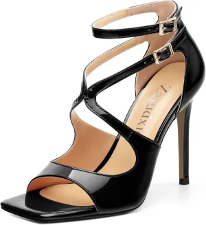 High Heels for Women, Women's Stiletto Heels Cross Strappy Square Open Toe Sexy Sandals Ankle Strap Buckle High Heels Fashion Dress Prom Sandals