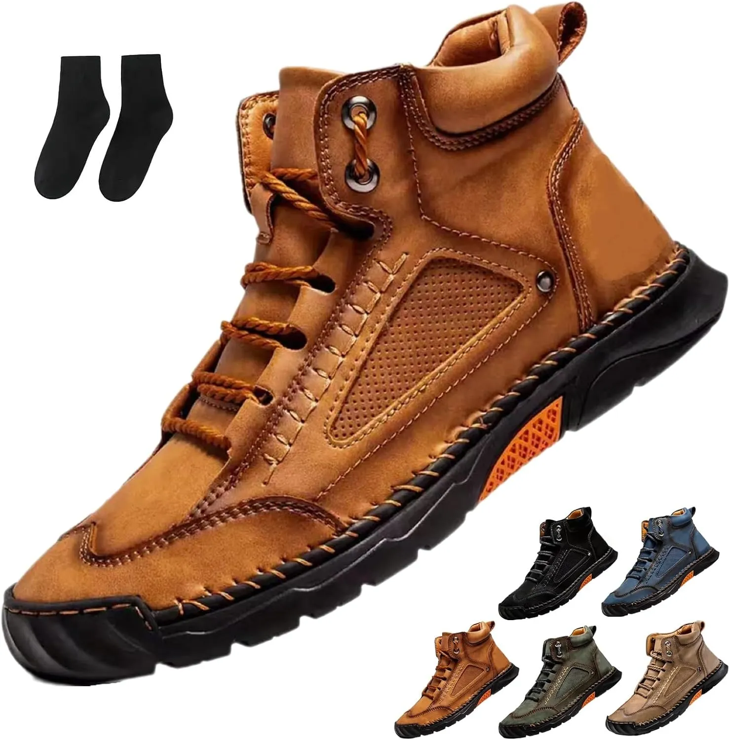 Hillde Shoes, Hillde Mens Shoes, Hillde Boots Men's Casual Leather Fashion Sneakers Ankle Chukka Boots Handmade Mid-top Non-Slip Walking Driving Shoes(Brown,US 10.5)