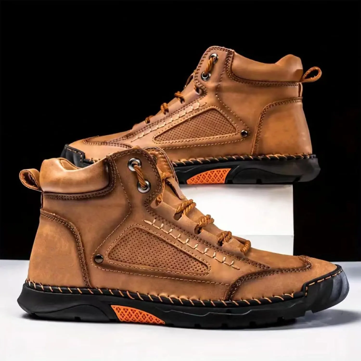 Hillde Shoes, Hillde Mens Shoes, Hillde Boots Men's Casual Leather Fashion Sneakers Ankle Chukka Boots Handmade Mid-top Non-Slip Walking Driving Shoes(Brown,US 10.5)