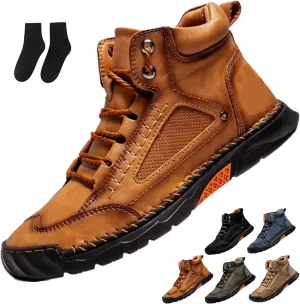 Hillde Shoes, Hillde Mens Shoes, Hillde Boots Men's Casual Leather Fashion Sneakers Ankle Chukka Boots Handmade Mid-top Non-Slip Walking Driving Shoes(Brown,US 10.5)