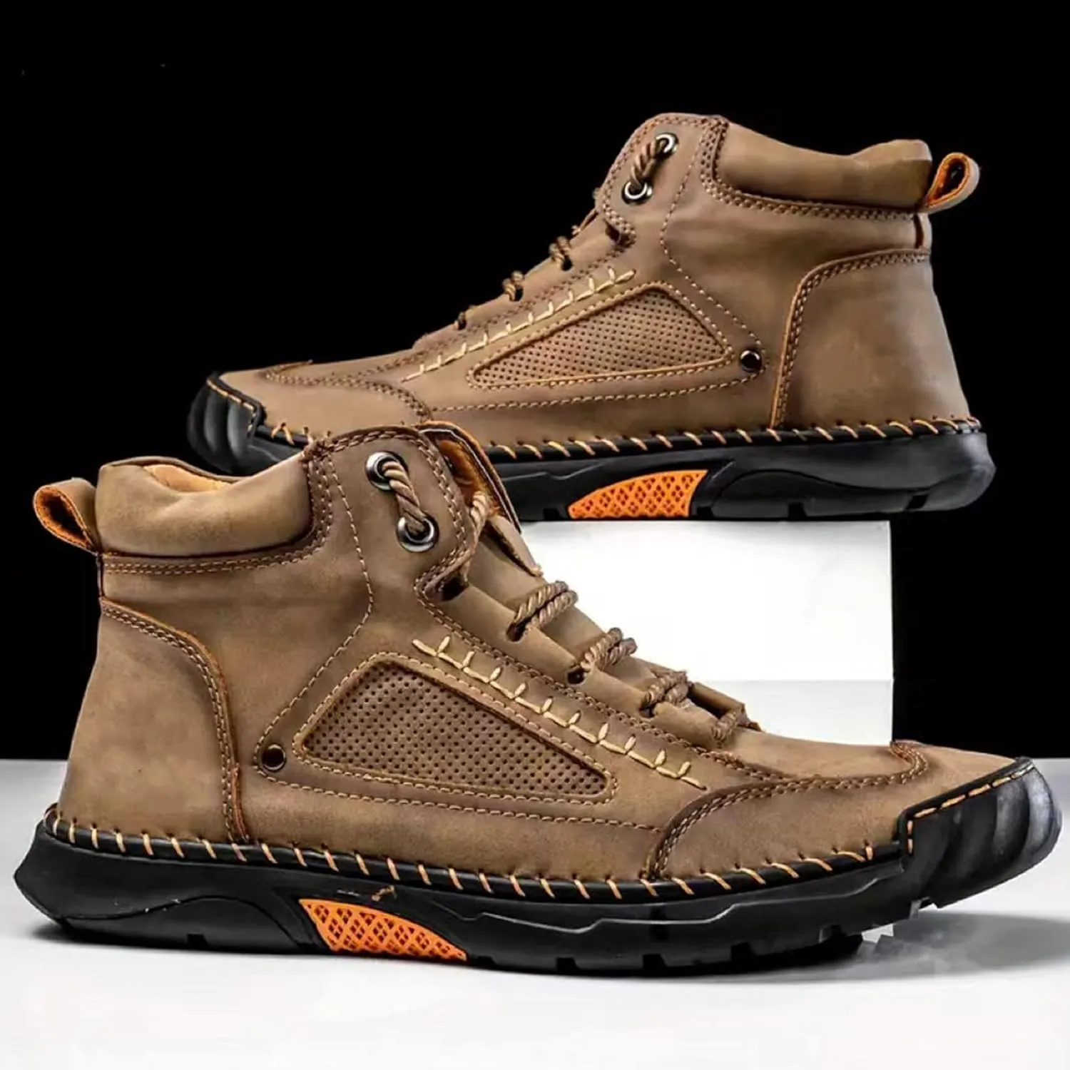 Hillde Shoes, Hillde Mens Shoes, Hillde Boots Men's Casual Leather Fashion Sneakers Ankle Chukka Boots Handmade Mid-top Non-Slip Walking Driving Shoes(Brown,US 10.5)