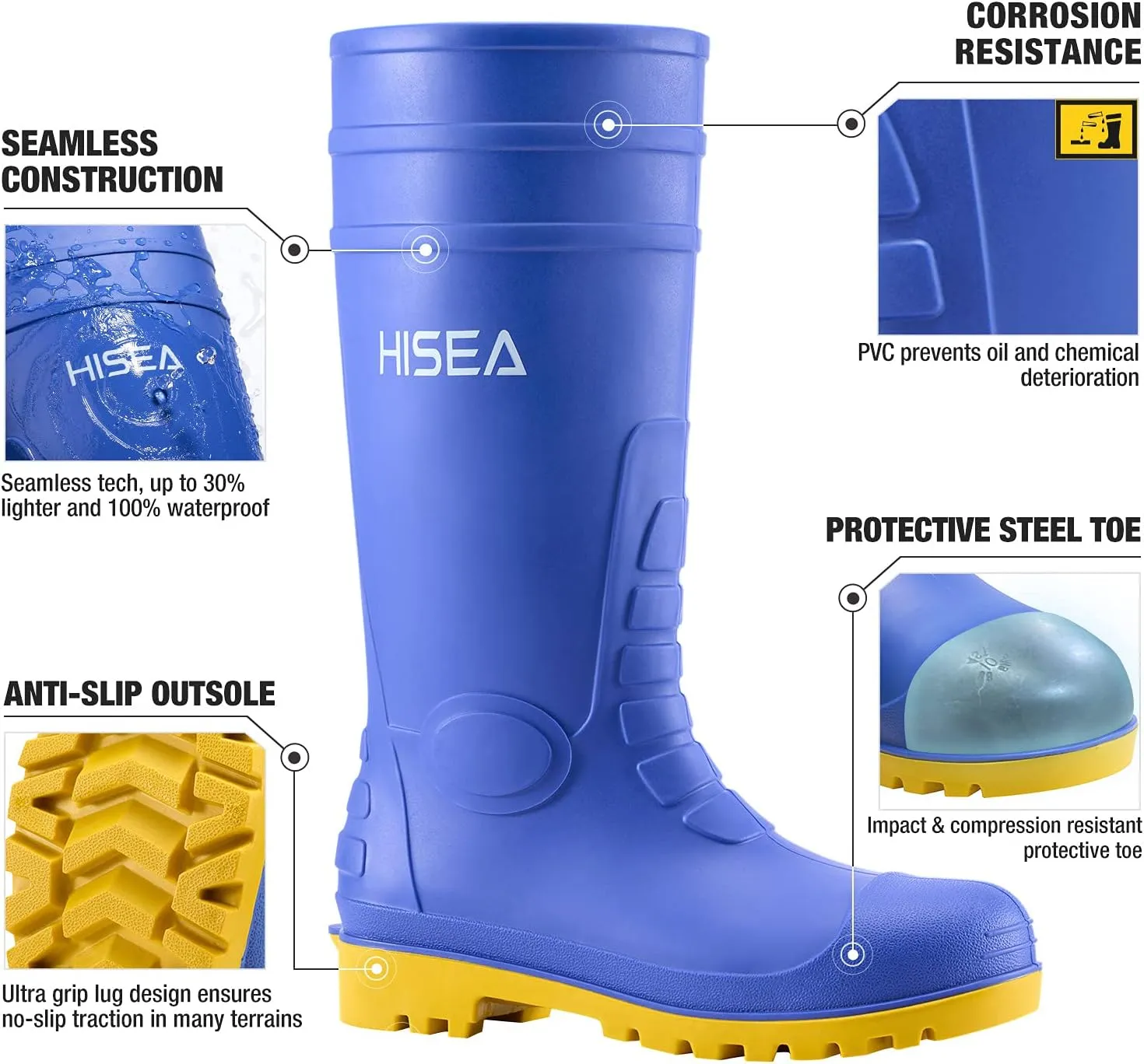 HISEA Men's Steel Toe Rain Boots PVC Rubber Boots, Waterproof Garden Fishing Outdoor Work Boots, Durable Slip Resistant Knee Boots for Agriculture and Industrial Working