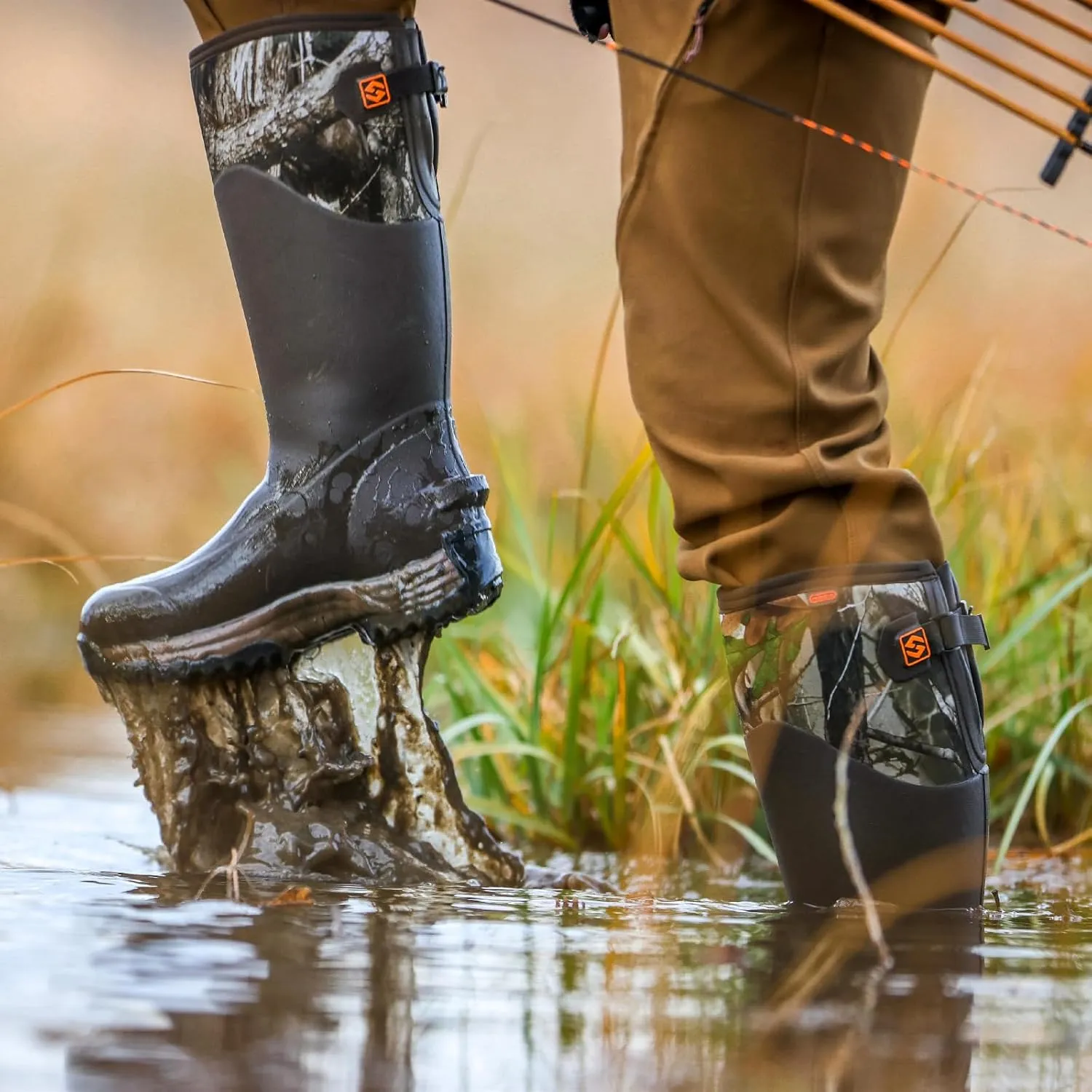 HISEA Rubber Rain Boots for Men, Waterproof Insulated Neoprene Hunting Boots, Durable Anti-Slip Outdoor Mud Boots for Hunting Gardening Farming Fishing Yard Working, Adjustable Calf