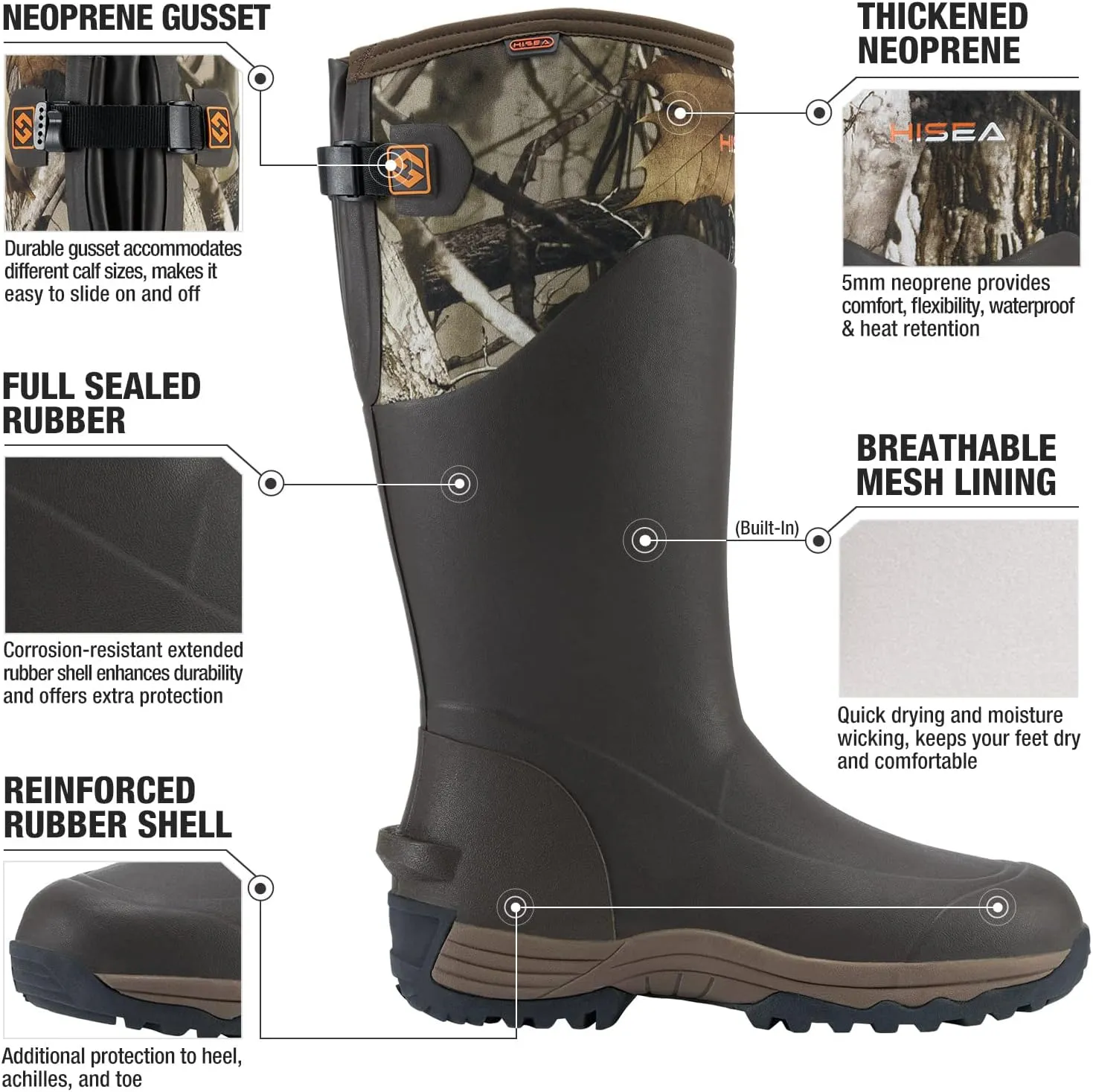 HISEA Rubber Rain Boots for Men, Waterproof Insulated Neoprene Hunting Boots, Durable Anti-Slip Outdoor Mud Boots for Hunting Gardening Farming Fishing Yard Working, Adjustable Calf