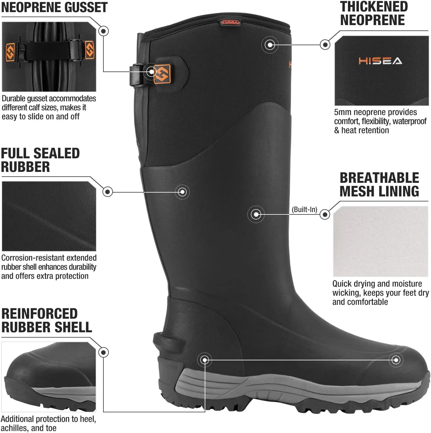 HISEA Rubber Rain Boots for Men, Waterproof Insulated Neoprene Hunting Boots, Durable Anti-Slip Outdoor Mud Boots for Hunting Gardening Farming Fishing Yard Working, Adjustable Calf