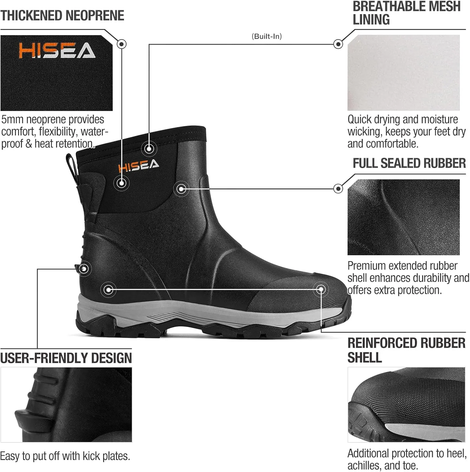 HISEA Upgraded Excursion Pro Men's Rain Boots, Ankle Height Rubber Hunting Boots Waterproof Insulated Neoprene Boots Durable Outdoor Mud Booties for Hunting Gardening Farming Fishing and Yard Work