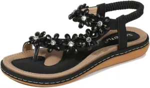 HNGHOU Women's Summer Sandals Casual Comfortable Bohemia Beach Flat Sandals Open Toe Ankle Crystal Gladiator Shoes