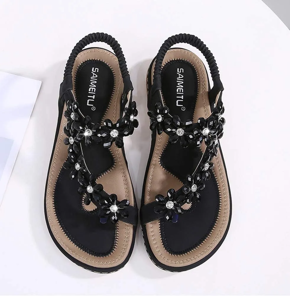 HNGHOU Women's Summer Sandals Casual Comfortable Bohemia Beach Flat Sandals Open Toe Ankle Crystal Gladiator Shoes