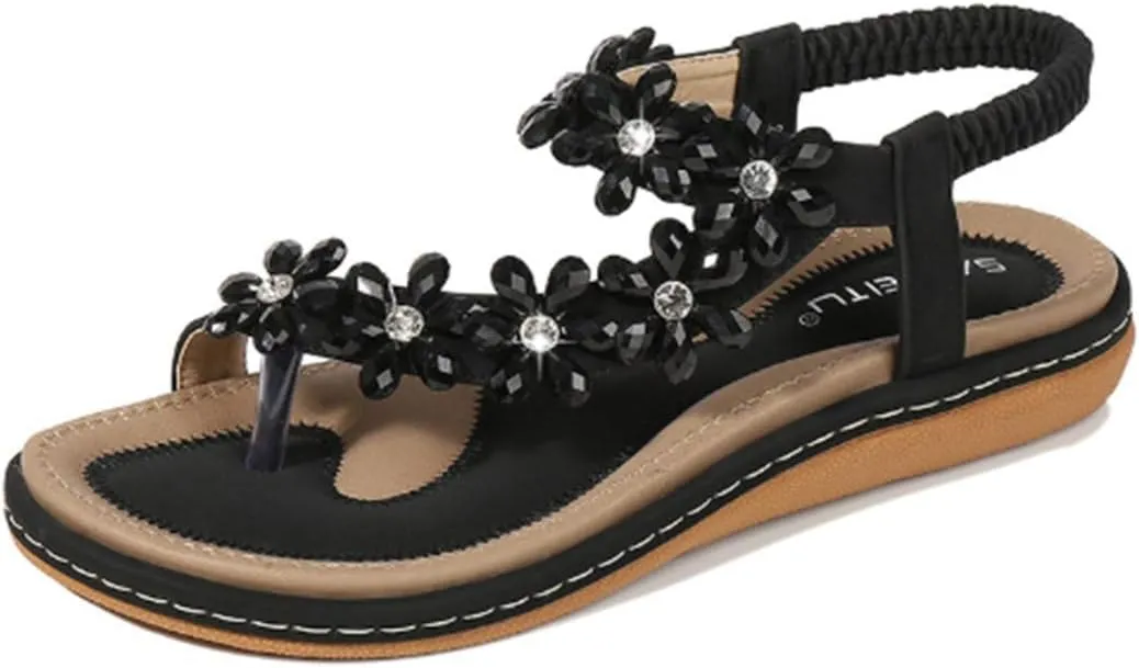 HNGHOU Women's Summer Sandals Casual Comfortable Bohemia Beach Flat Sandals Open Toe Ankle Crystal Gladiator Shoes