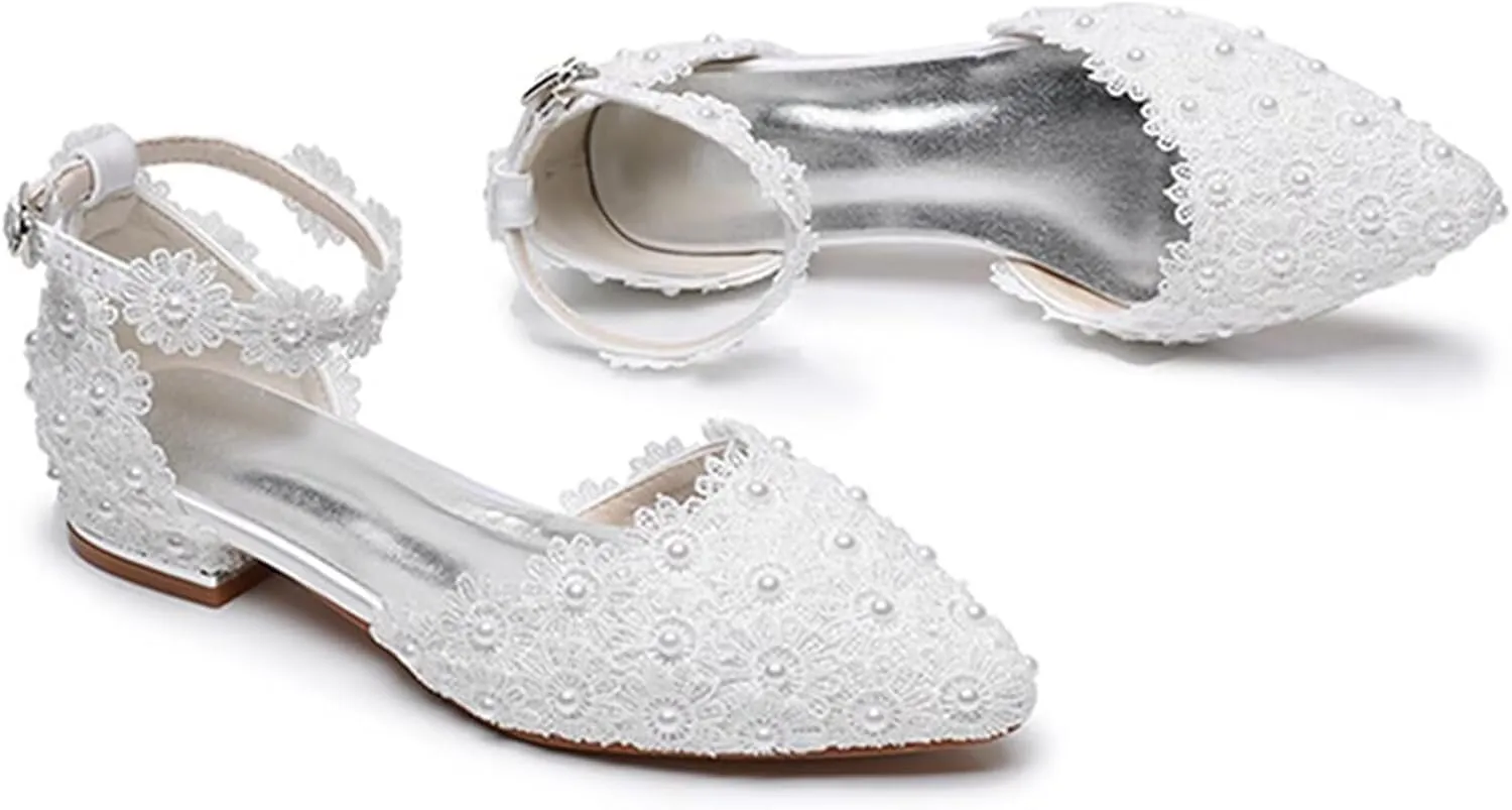 HNVAVQ Women Lace Flat Sandals Ankle Strap Pointed Toe Low Heel Wedding Dress Shoes for Bride Bridesmaids Pumps with Pearls Evening Party Shoes Satin Wedding Flats