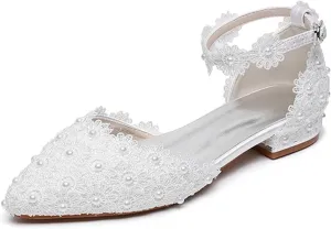 HNVAVQ Women Lace Flat Sandals Ankle Strap Pointed Toe Low Heel Wedding Dress Shoes for Bride Bridesmaids Pumps with Pearls Evening Party Shoes Satin Wedding Flats