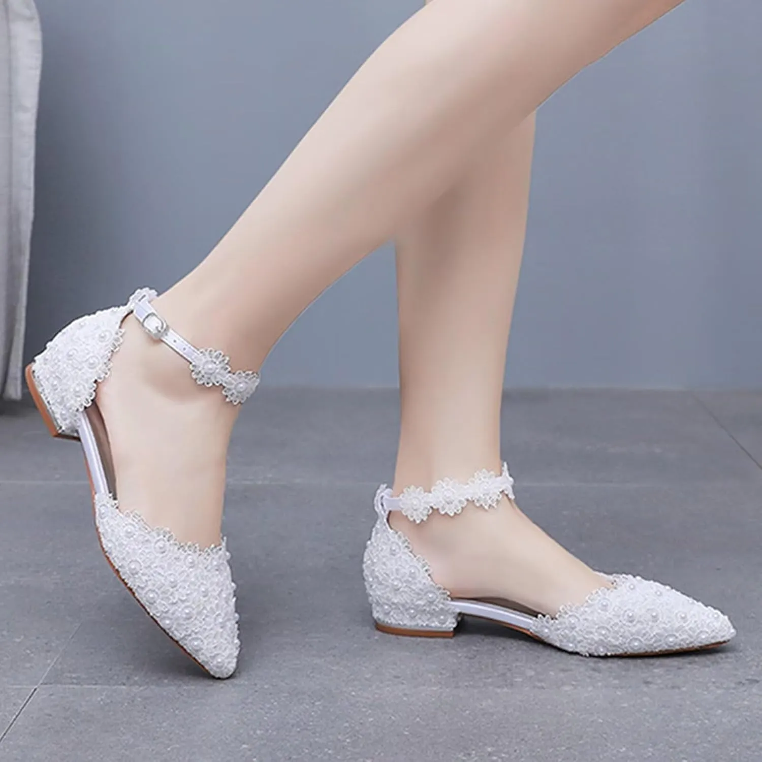 HNVAVQ Women Lace Flat Sandals Ankle Strap Pointed Toe Low Heel Wedding Dress Shoes for Bride Bridesmaids Pumps with Pearls Evening Party Shoes Satin Wedding Flats
