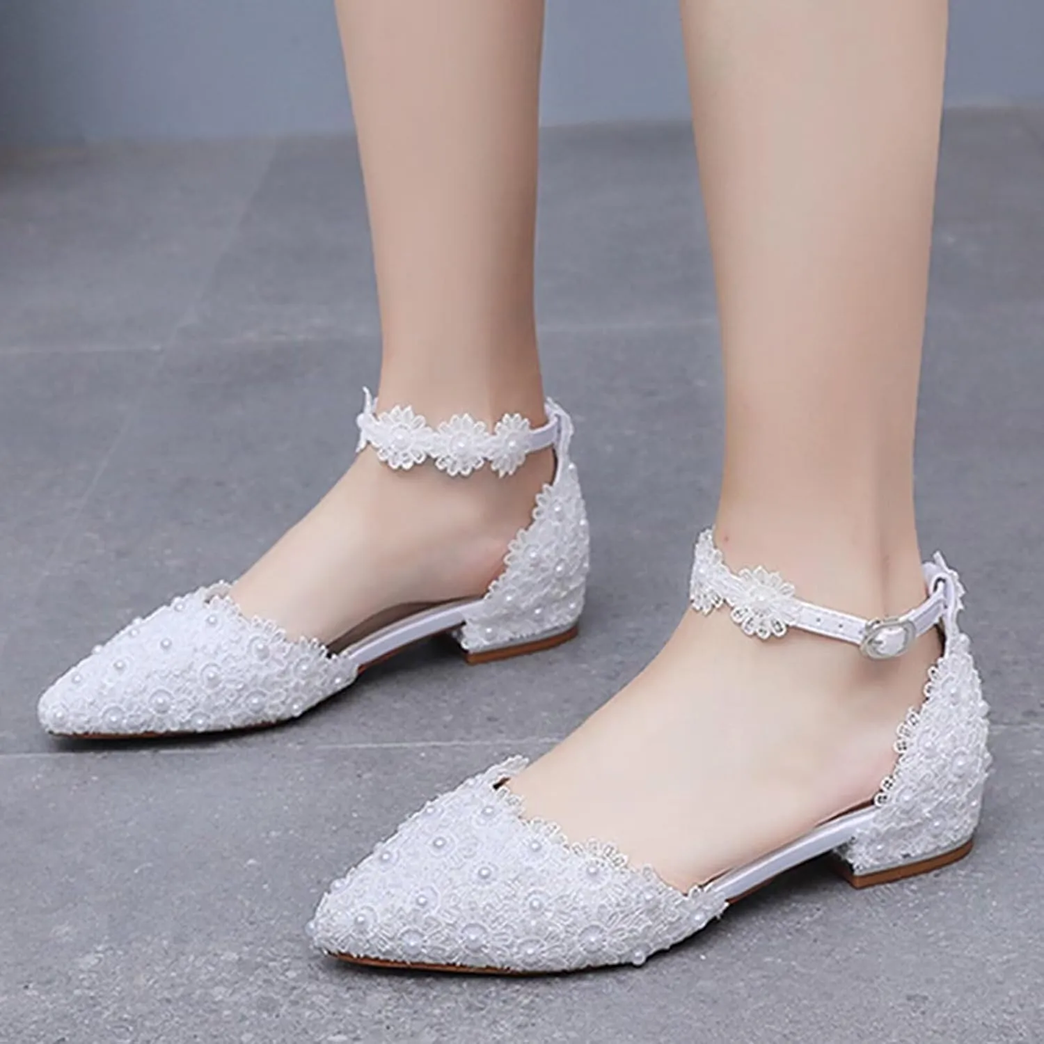 HNVAVQ Women Lace Flat Sandals Ankle Strap Pointed Toe Low Heel Wedding Dress Shoes for Bride Bridesmaids Pumps with Pearls Evening Party Shoes Satin Wedding Flats