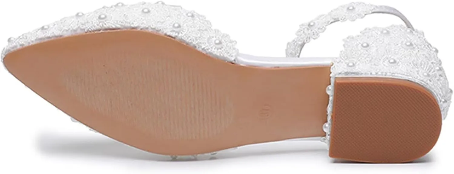 HNVAVQ Women Lace Flat Sandals Ankle Strap Pointed Toe Low Heel Wedding Dress Shoes for Bride Bridesmaids Pumps with Pearls Evening Party Shoes Satin Wedding Flats