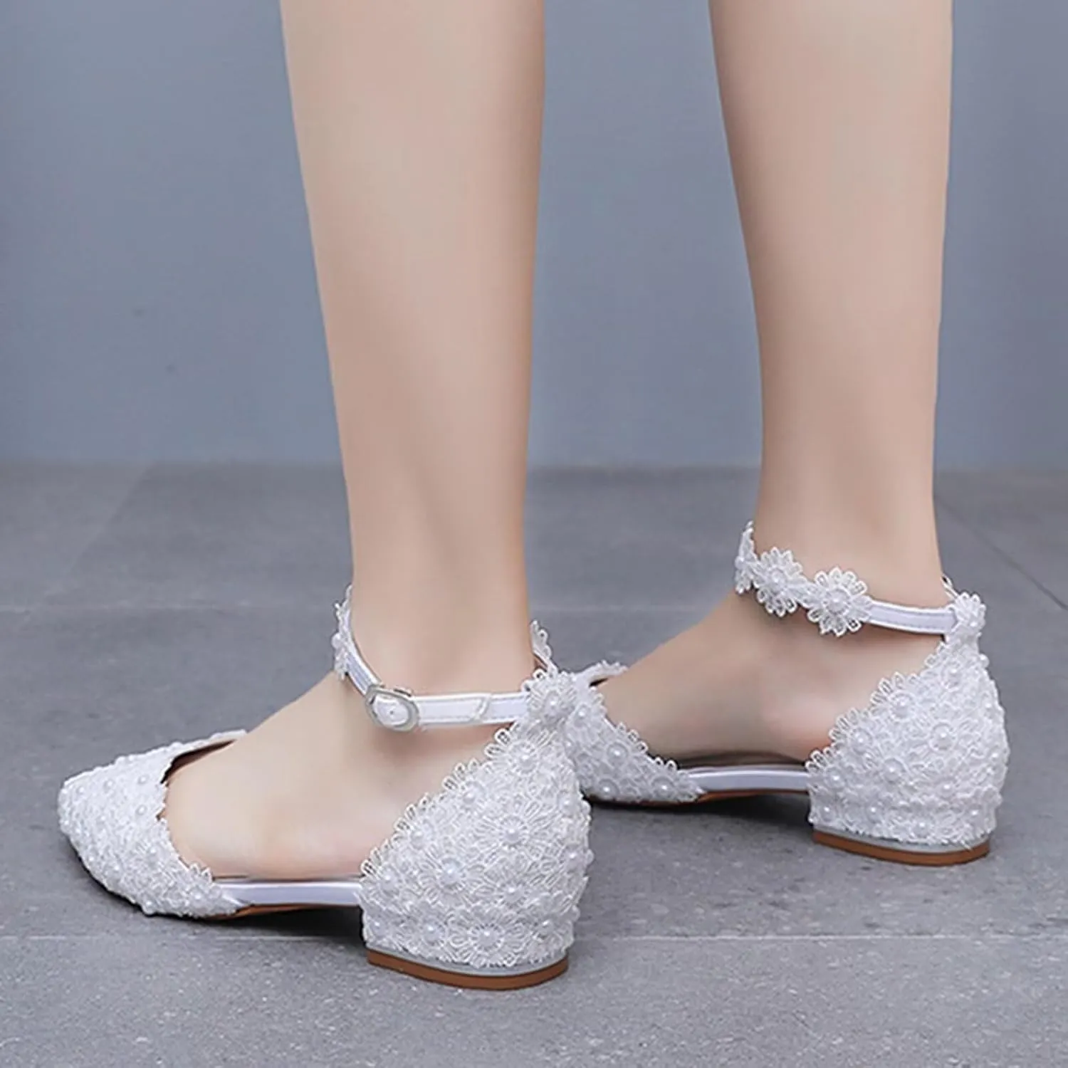HNVAVQ Women Lace Flat Sandals Ankle Strap Pointed Toe Low Heel Wedding Dress Shoes for Bride Bridesmaids Pumps with Pearls Evening Party Shoes Satin Wedding Flats