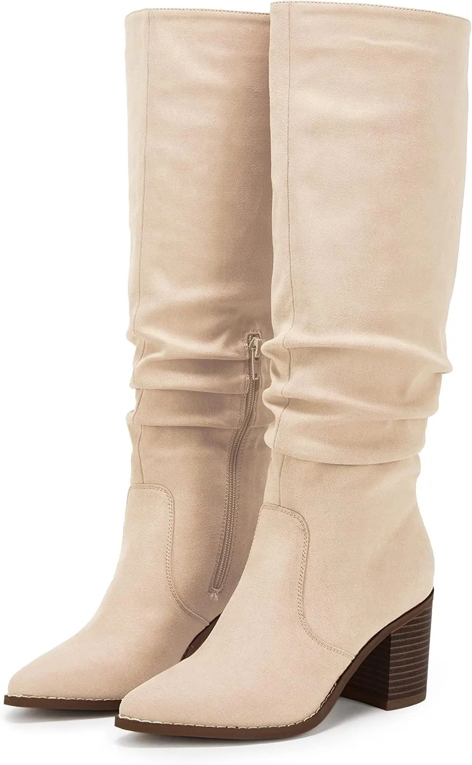 Huiyuzhi Womens Pointed Toe Mid Chunky Heel Side Zipper Knee High Boots Tall Booties
